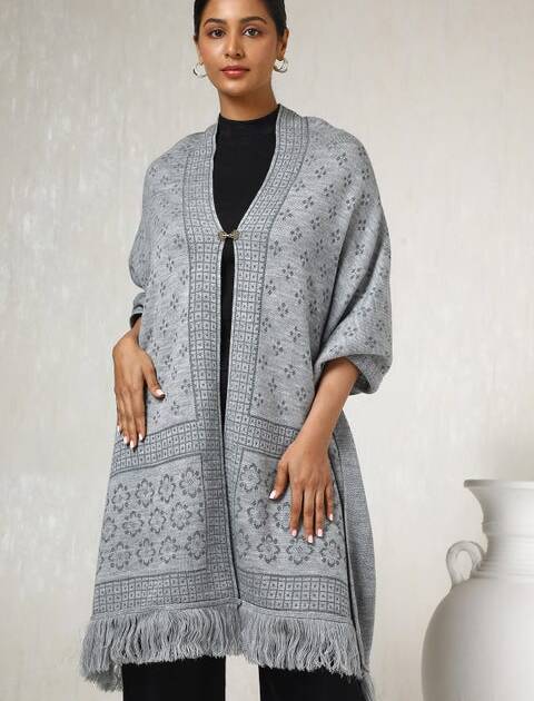 Grey Acrylic Woven Design Shawl