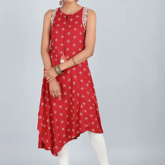 Red Round Neck Printed kurta