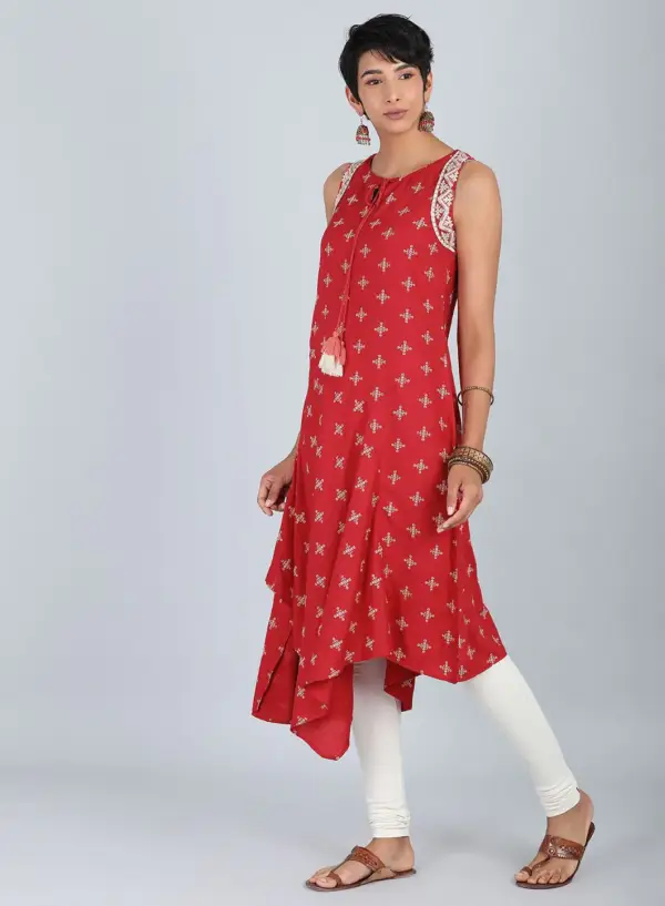 Red Round Neck Printed kurta - Image 2