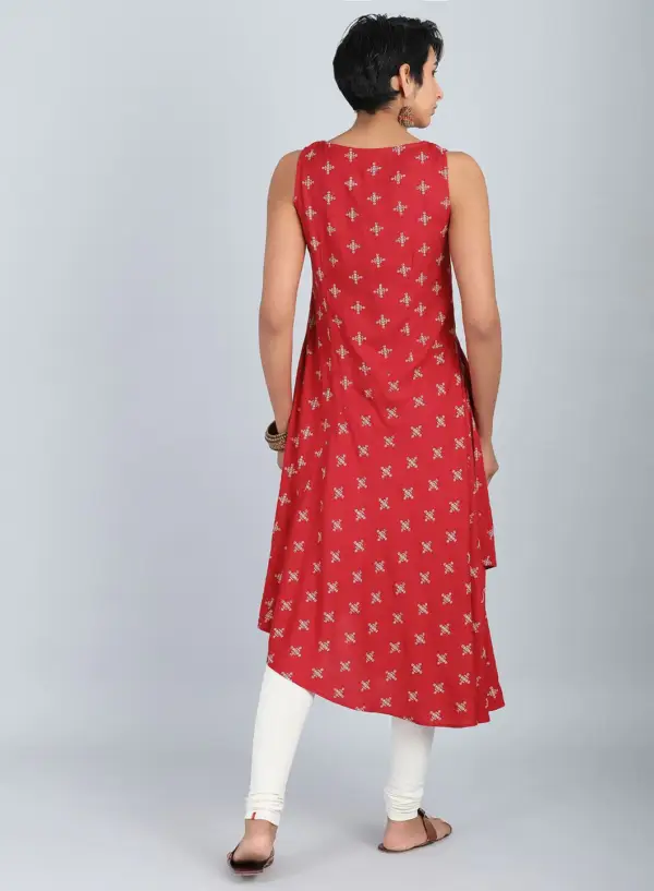 Red Round Neck Printed kurta - Image 3