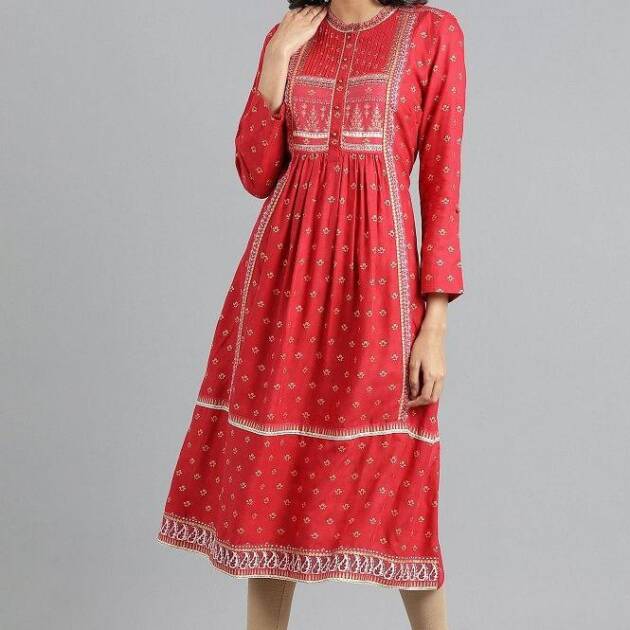 Red Round Neck Printed kurta