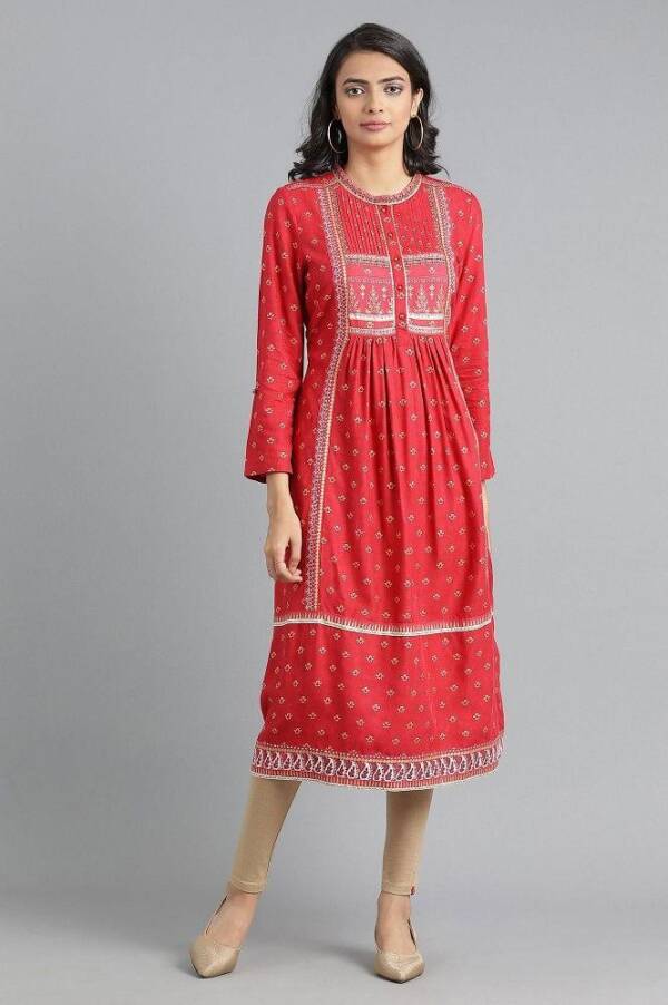 Red Round Neck Printed kurta - Image 3