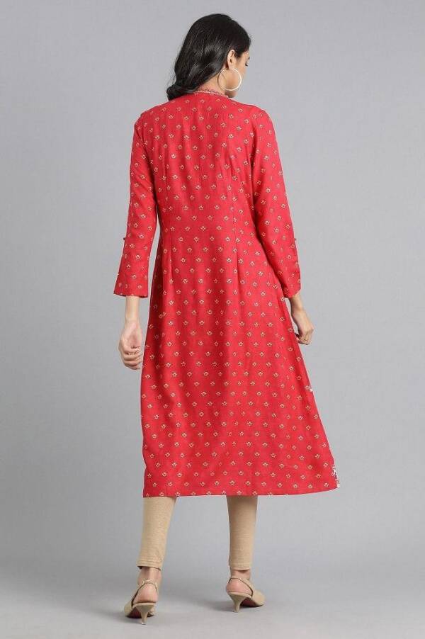 Red Round Neck Printed kurta - Image 2
