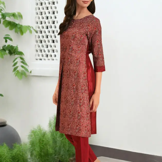 Dark Red Printed kurta With Front Pleat