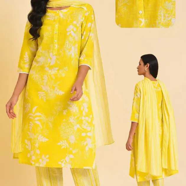 Yellow Floral Printed With Lace Pure Cotton Straight Kurta and Pants Set with Stripe Printed Dupatta