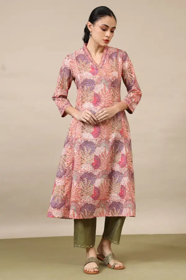 Light Pink Handblock Printed Flared Kurta - Image 2