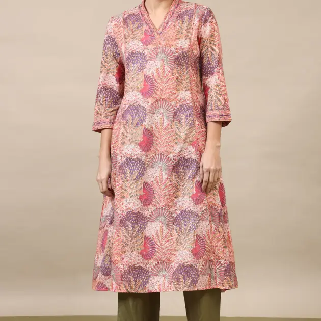 Light Pink Handblock Printed Flared Kurta