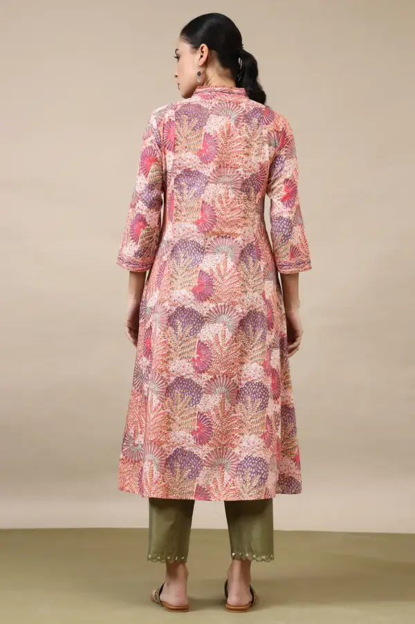 Light Pink Handblock Printed Flared Kurta - Image 3