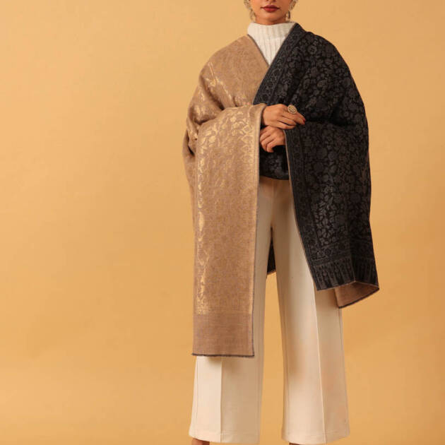 Zari Wool Dorukha Jaaldar Shawl – Gold, Black