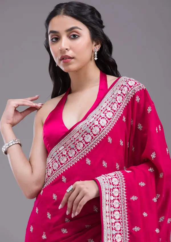 Rani Pink Threadwork Silk Saree - Image 2