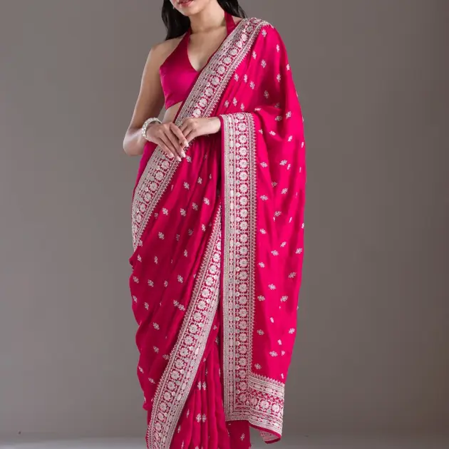 Rani Pink Threadwork Silk Saree
