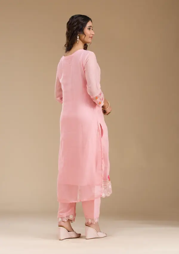 Baby Pink Threadwork Semi Crepe Readymade Salwar Suit - Image 4