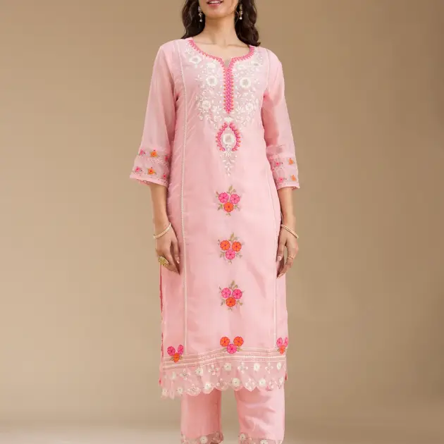Baby Pink Threadwork Semi Crepe Readymade Salwar Suit
