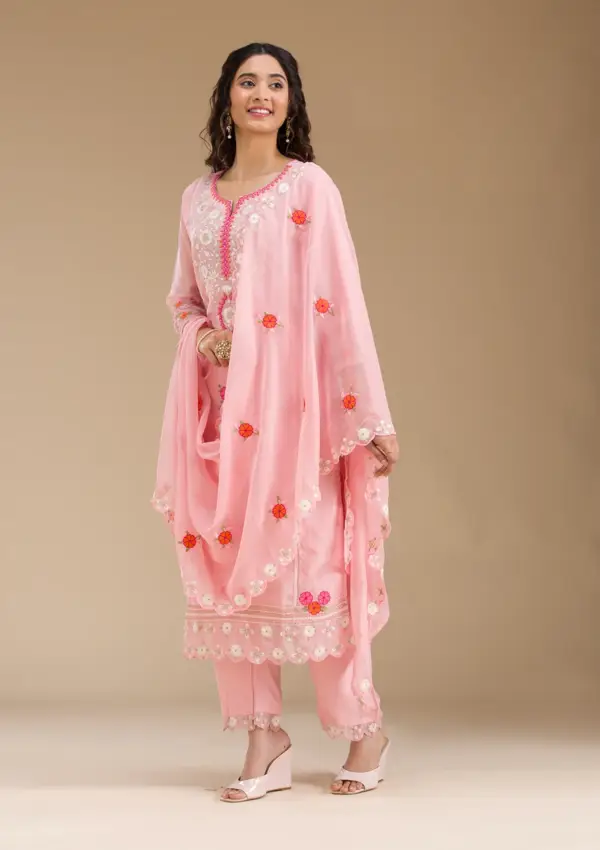 Baby Pink Threadwork Semi Crepe Readymade Salwar Suit - Image 3