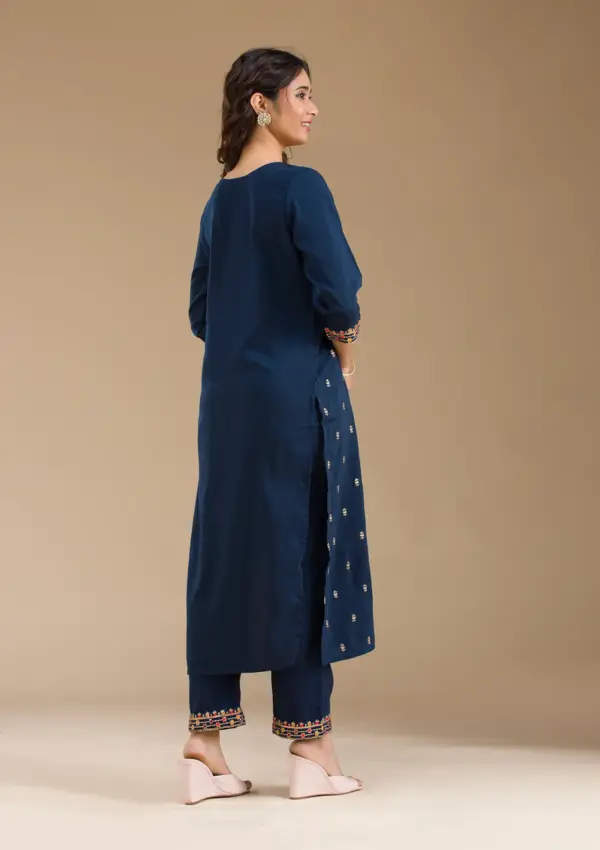 Navy Blue Threadwork Semi Crepe Readymade Salwar Suit - Image 3