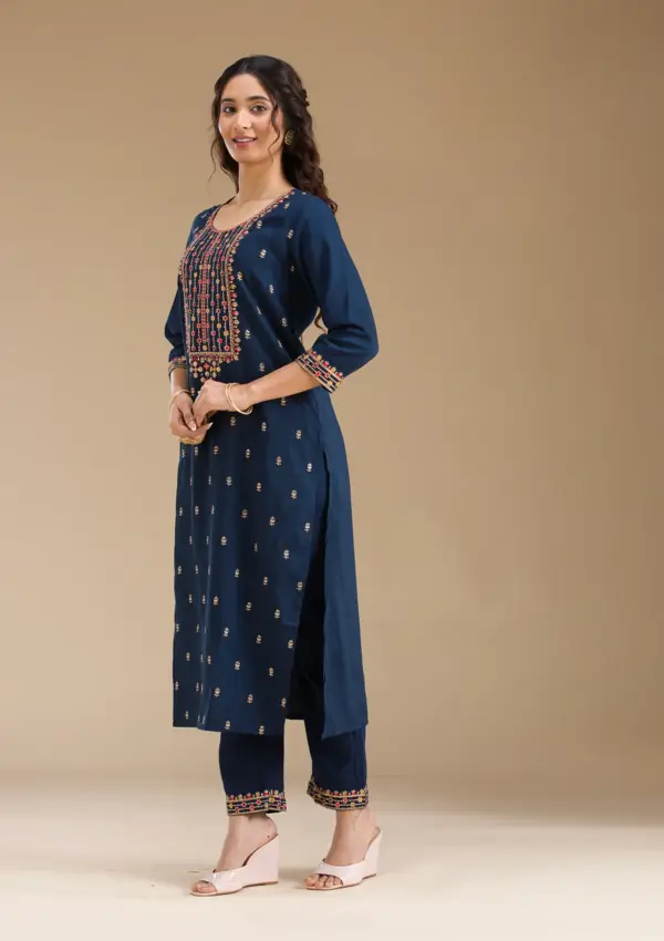 Navy Blue Threadwork Semi Crepe Readymade Salwar Suit - Image 2