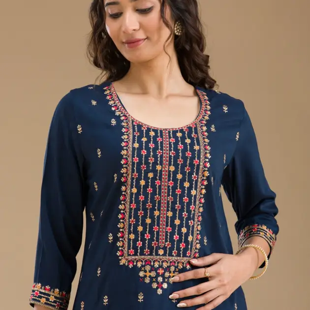 Navy Blue Threadwork Semi Crepe Readymade Salwar Suit