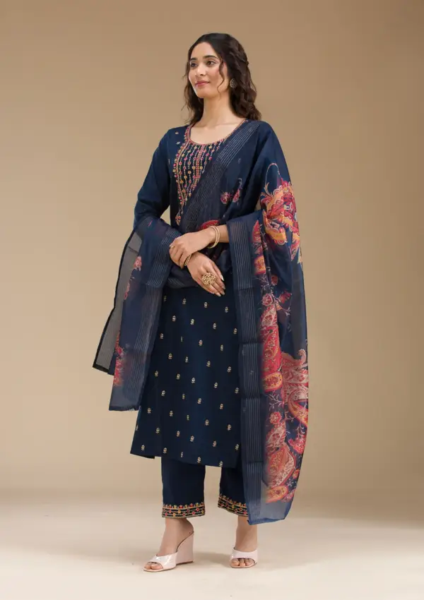 Navy Blue Threadwork Semi Crepe Readymade Salwar Suit - Image 4