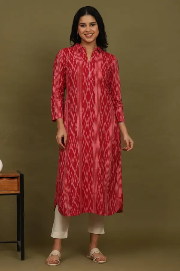 Red Ikat Yarn Dyed Pure Cotton Shirt Collar Kurta