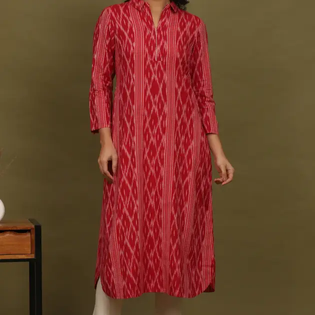 Red Ikat Yarn Dyed Pure Cotton Shirt Collar Kurta