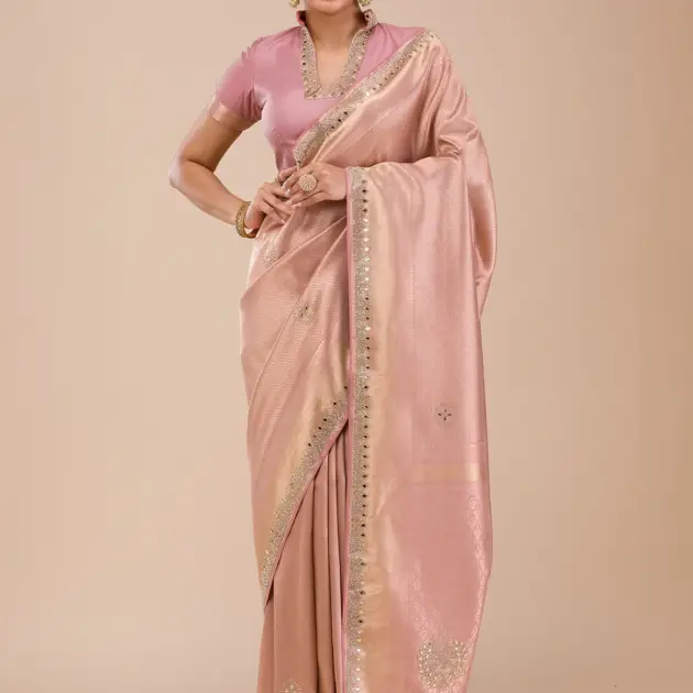 Onion Pink Mirrorwork Silk Saree