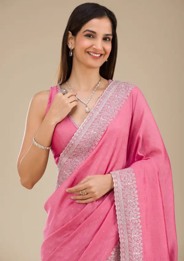 Onion Pink Zariwork Soft Silk Saree - Image 2