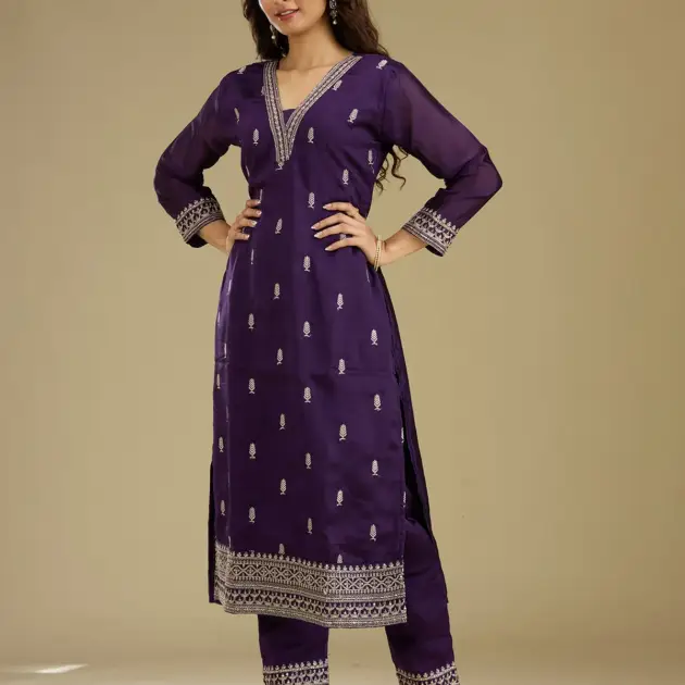 Purple Zariwork Semi Crepe