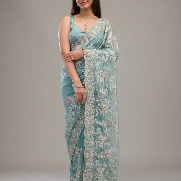 Turquoise Blue Zariwork Tissue Saree